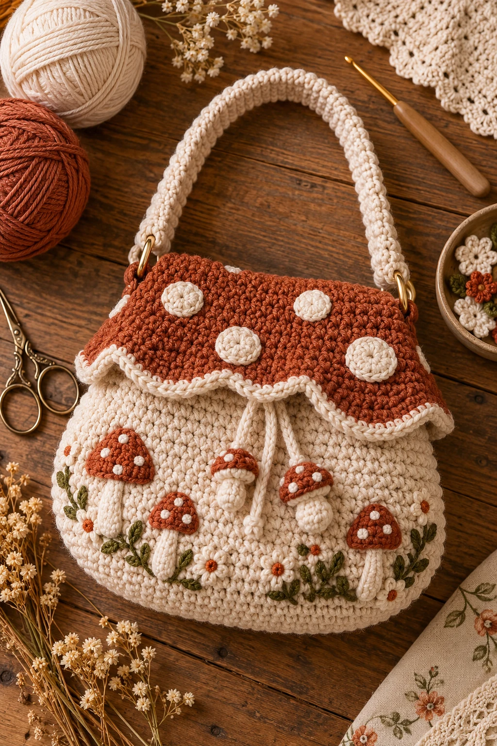 Cream and Terracotta Cottagecore Bag — mushroom bag crochet style outfit
