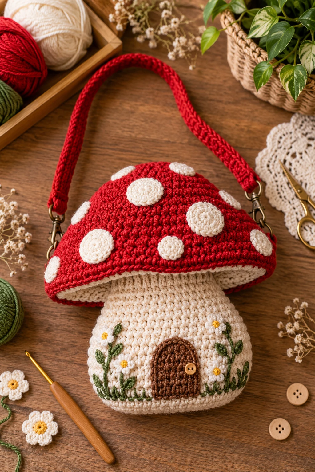 Mushroom Purse Crochet With a Polka-Dot Cap — mushroom bag crochet style outfit