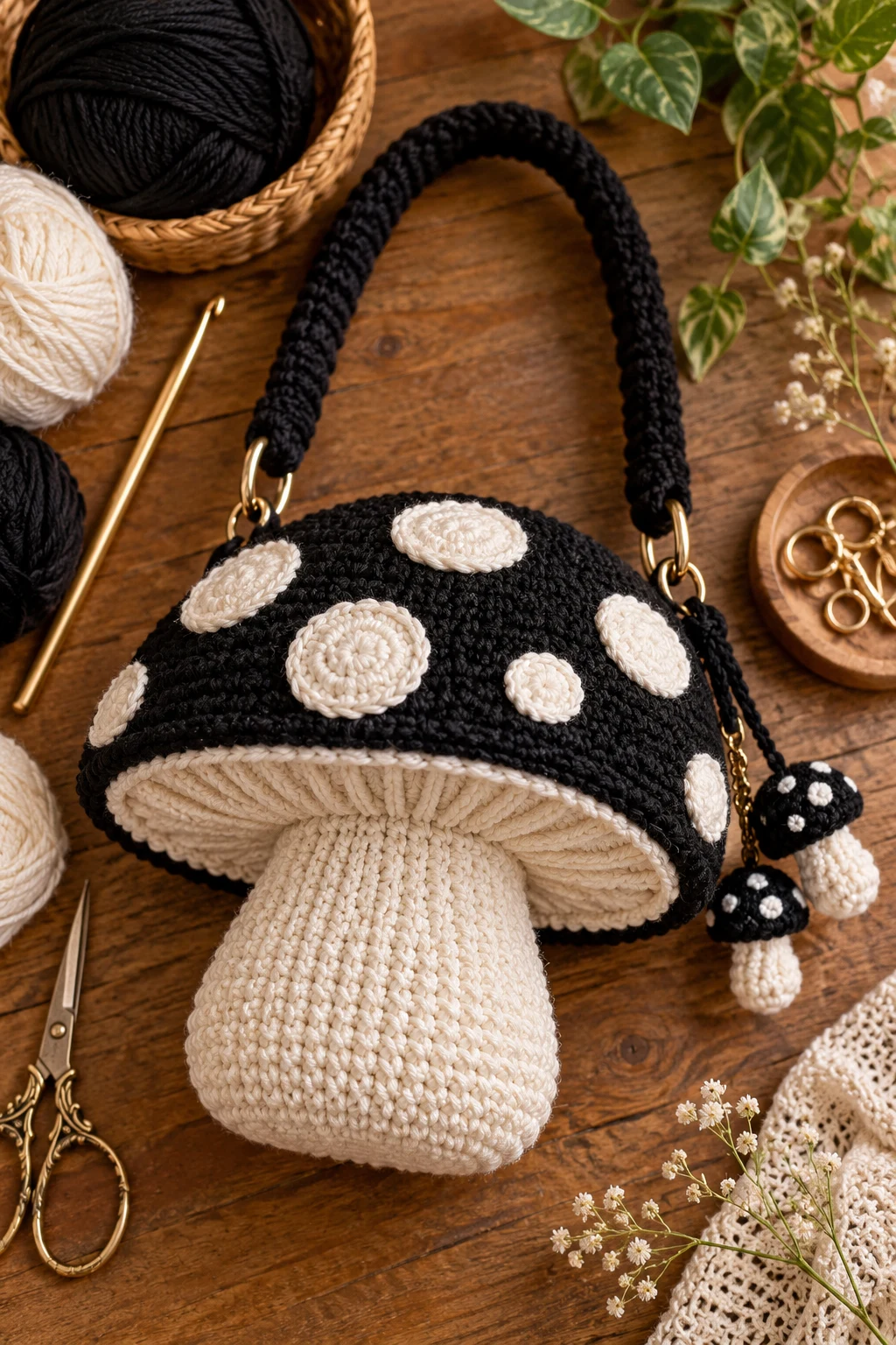 Black Mushroom Bag With White Spots — mushroom bag crochet style outfit