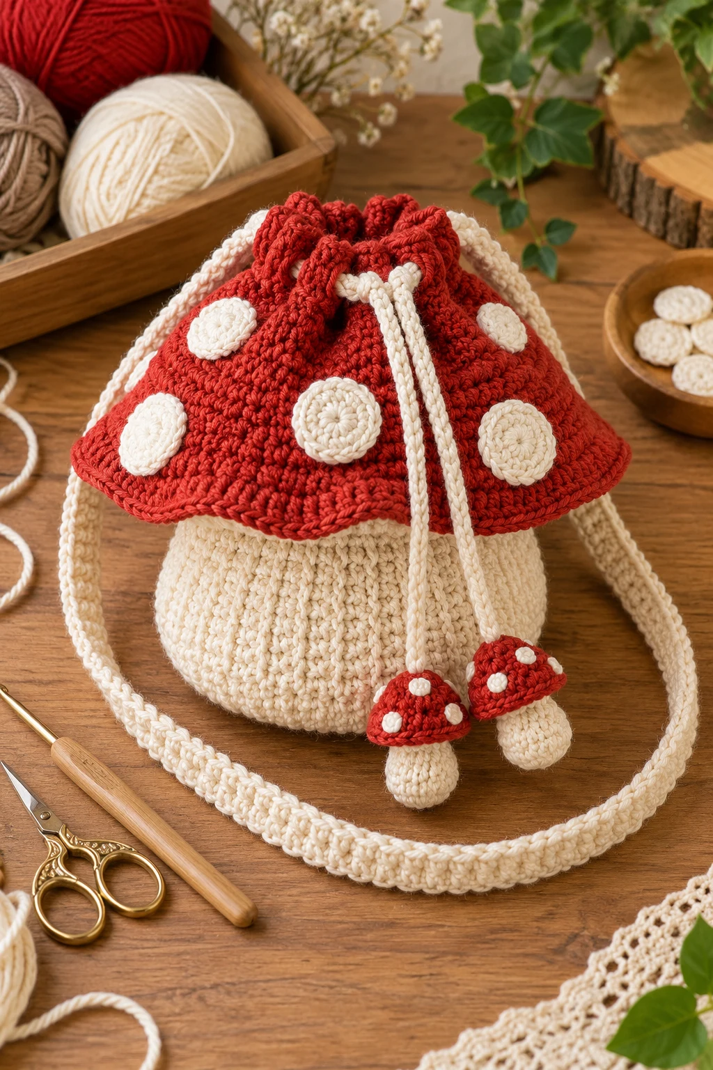 Mushroom Purse Crochet With a Drawstring — mushroom bag crochet style outfit