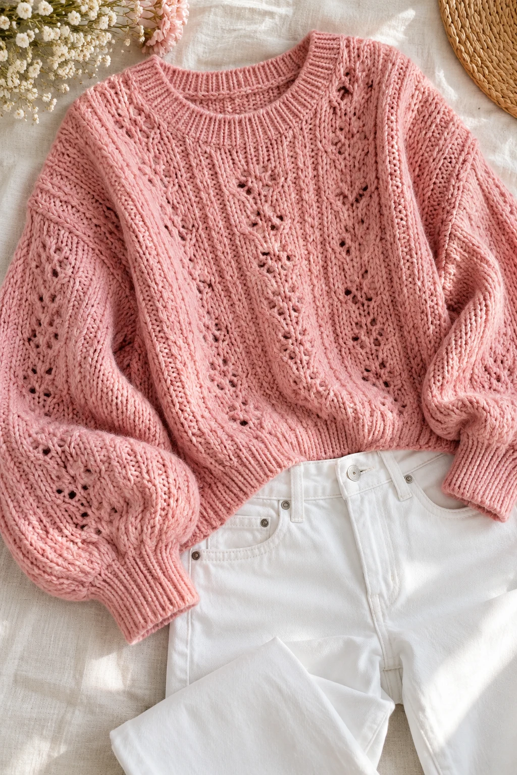 The Romantic Pink Knit and White Denim — outfits with knitted sweaters