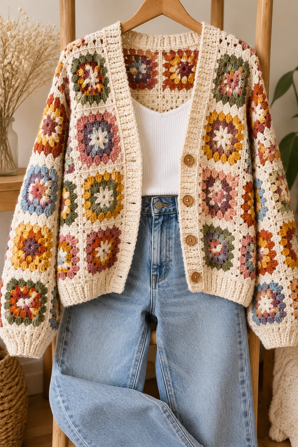 The Vintage Granny-Square Cardigan and Mom Jeans — outfits with knitted sweaters