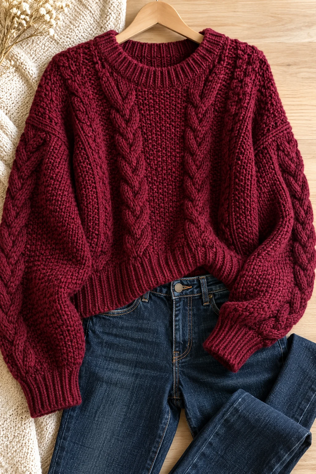 The Burgundy Sweater and Dark Denim — outfits with knitted sweaters