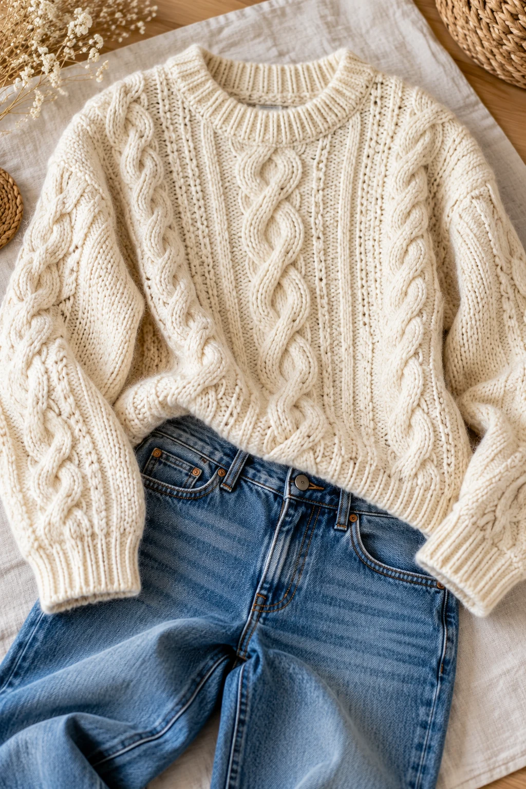 The Classic Cream Cable-Knit Sweater and Blue Jeans — outfits with knitted sweaters
