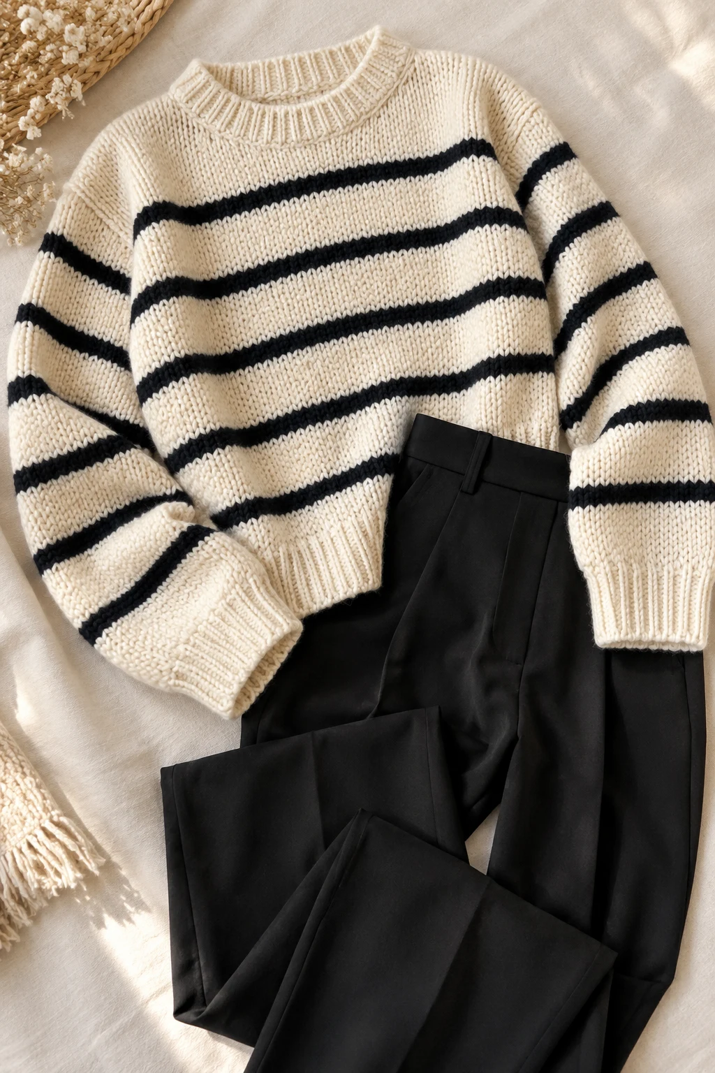 The Parisian Striped Knit and Black Trousers — outfits with knitted sweaters