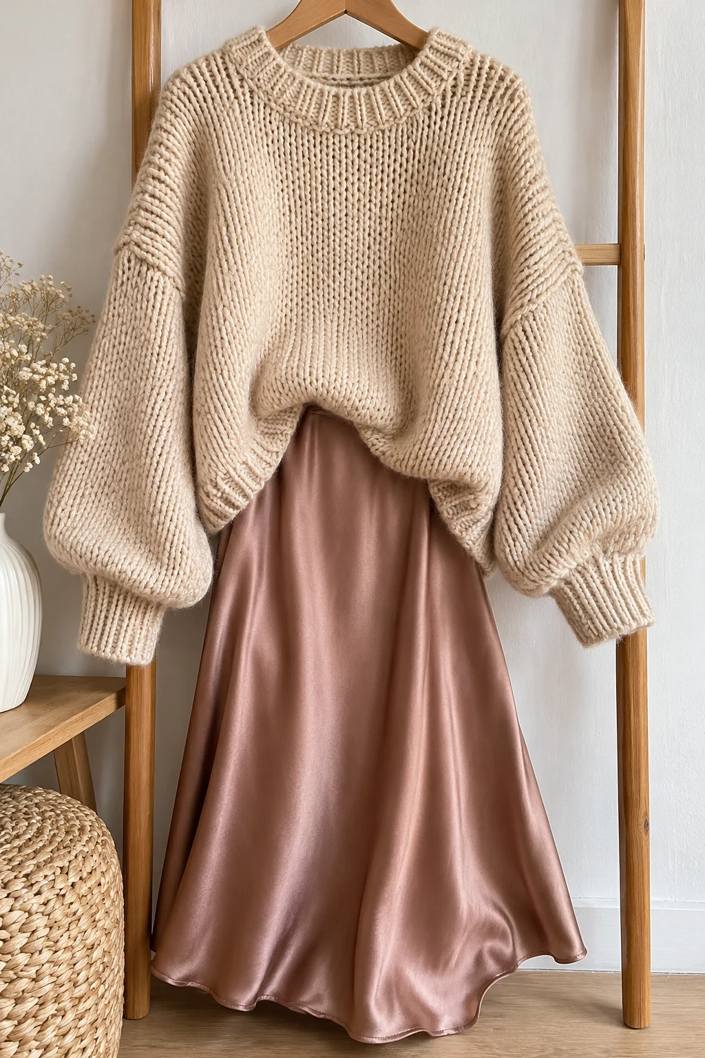 The Cozy Oversized Sweater and Satin Midi Skirt — outfits with knitted sweaters