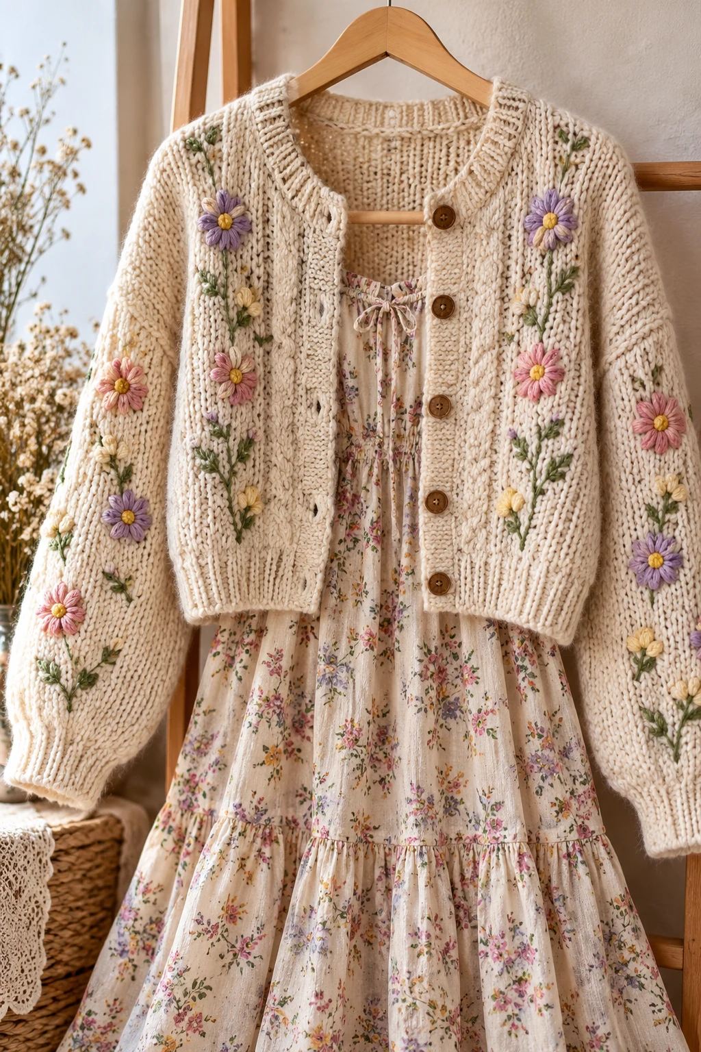 The Cottagecore Knitted Cardigan and Floral Dress — outfits with knitted sweaters