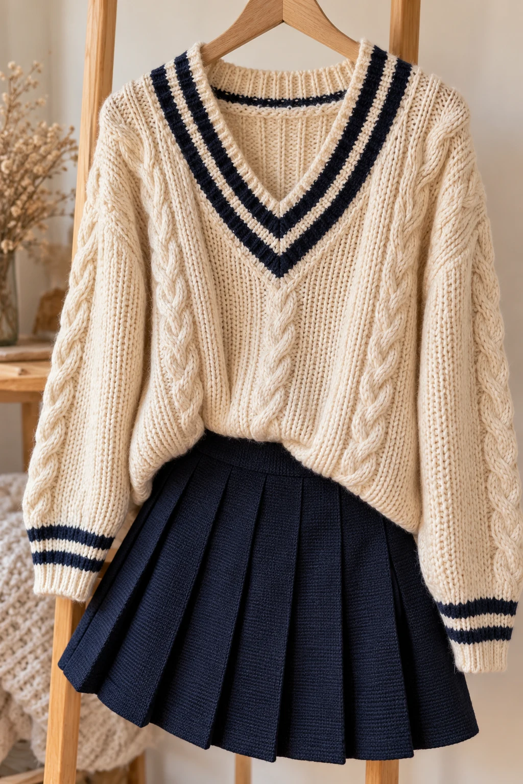The Preppy V-Neck Sweater and Pleated Mini Skirt — outfits with knitted sweaters