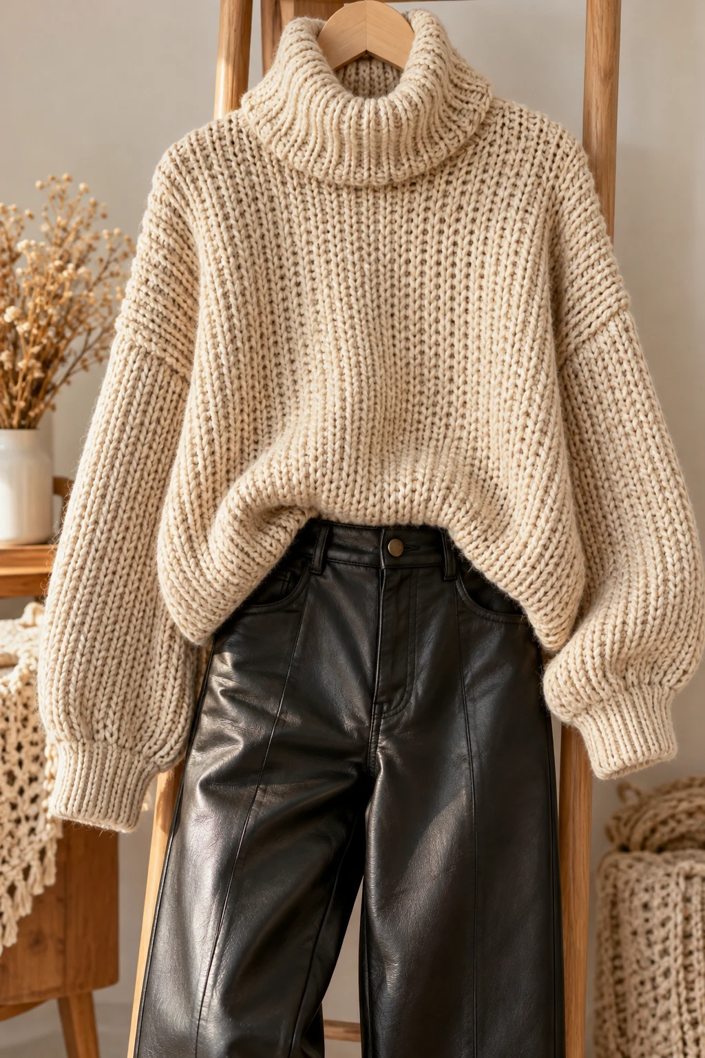 The Chunky Turtleneck and Leather-Look Pants — outfits with knitted sweaters