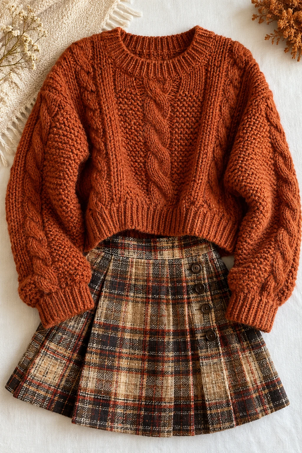 The Autumn Rust Sweater and Plaid Skirt — outfits with knitted sweaters