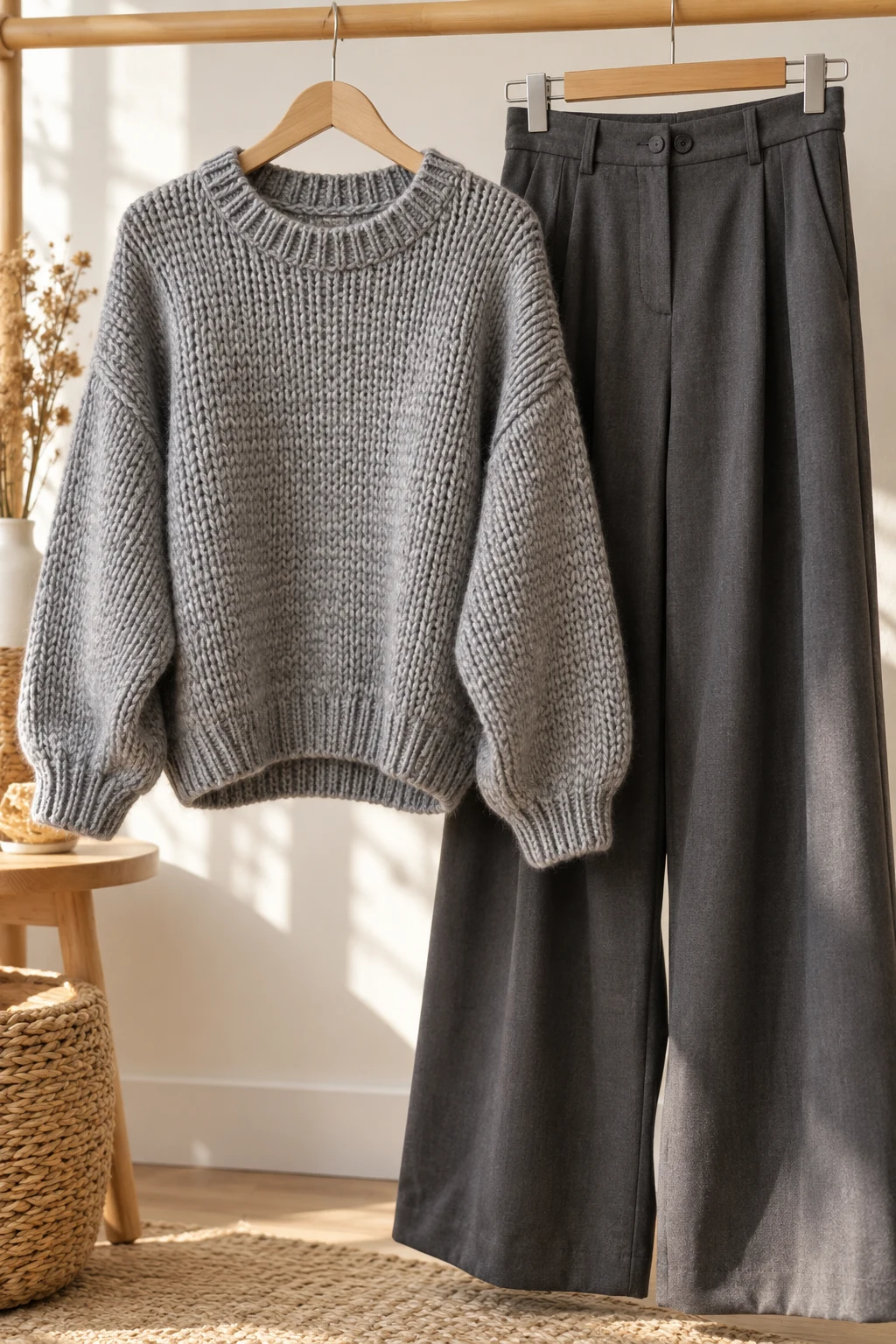 The Minimalist Gray Sweater and Wide-Leg Trousers — outfits with knitted sweaters