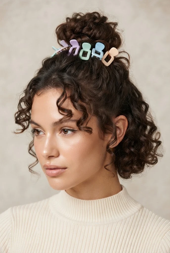 El Half-Up Messy Bun con Ganchos Pastel — peinados aesthetic cabello corto rizado style outfit