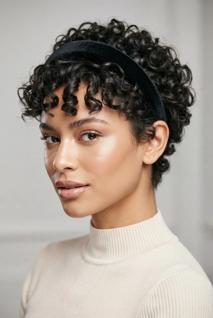 Pixie Definido con Diadema Acolchada — peinados aesthetic cabello corto rizado style outfit