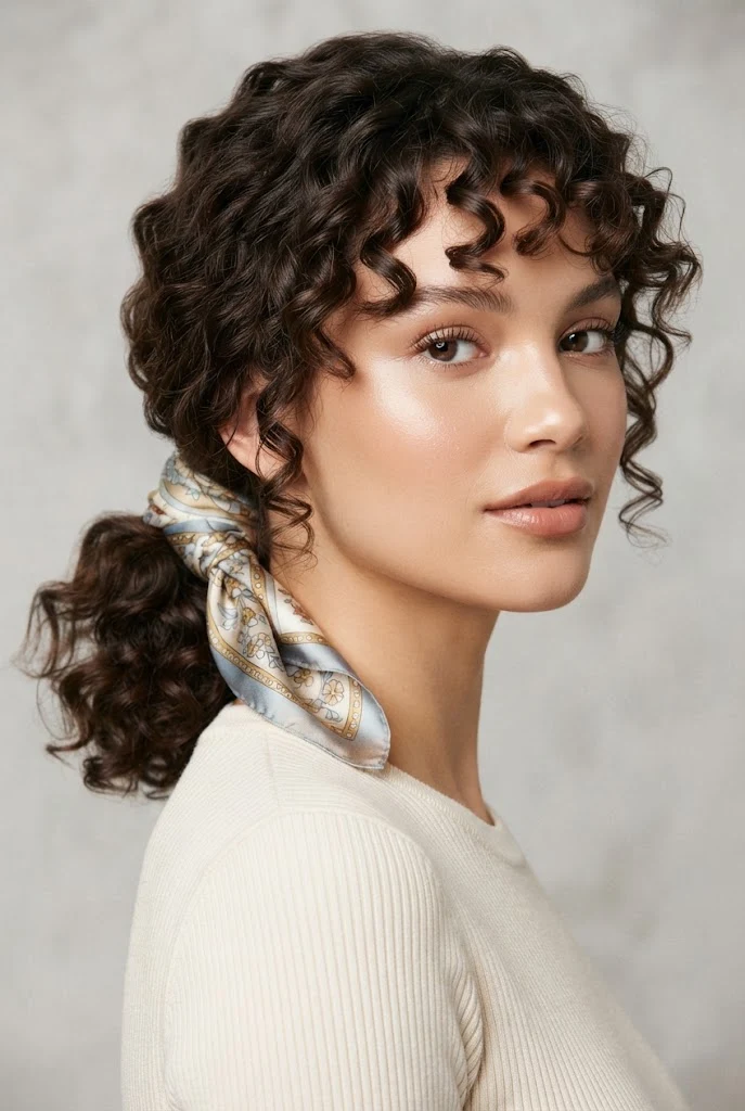 Coleta Baja con Pañuelo de Seda Estampado — peinados aesthetic cabello corto rizado style outfit