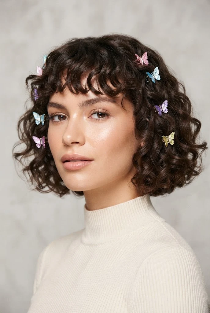 Bob Rizado con Flequillo Despuntado y Pinzas Mariposa — peinados aesthetic cabello corto rizado style outfit