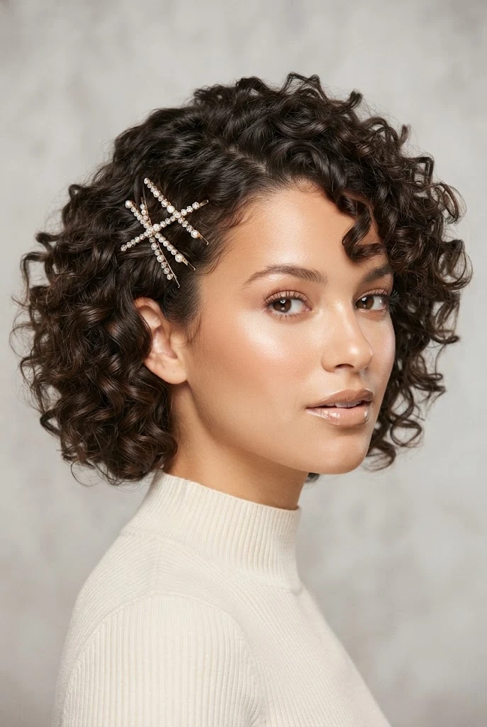 Rizos Definidos con Horquillas Joya Cruzadas — peinados aesthetic cabello corto rizado style outfit