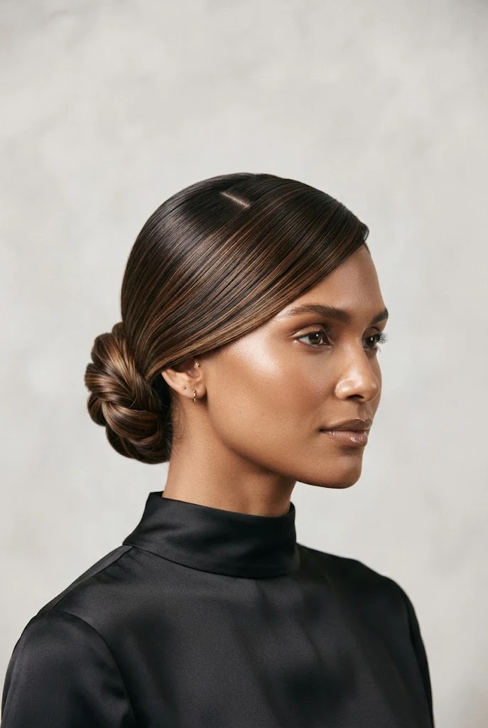 Sleek Side-Parted Low Chignon — peinados aesthetic elegantes style outfit