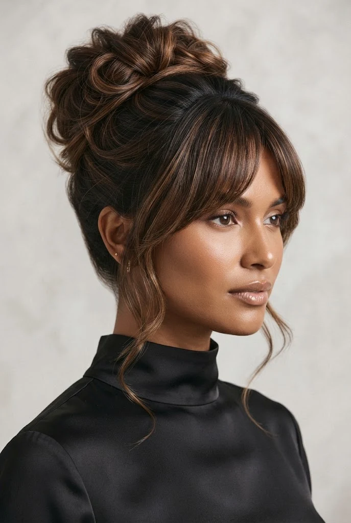 Messy High Updo with Curtain Bangs — peinados aesthetic elegantes style outfit