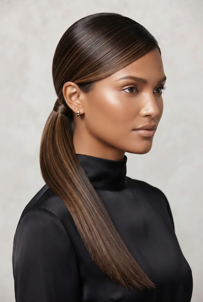 Sleek Low Ponytail with Side Part — peinados agarrados elegantes style outfit