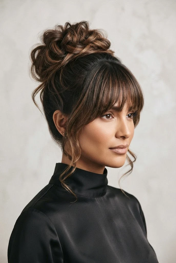 Messy High Bun with Bangs — peinados agarrados elegantes style outfit