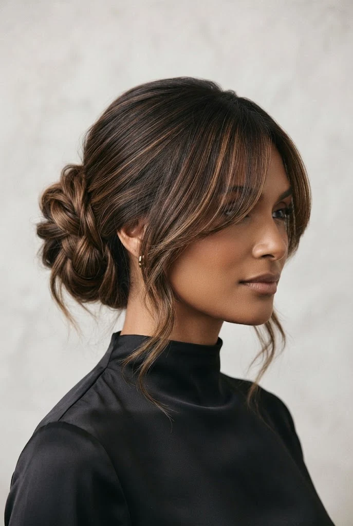 Messy Textured Chignon with Side Fringe — peinados agarrados elegantes style outfit