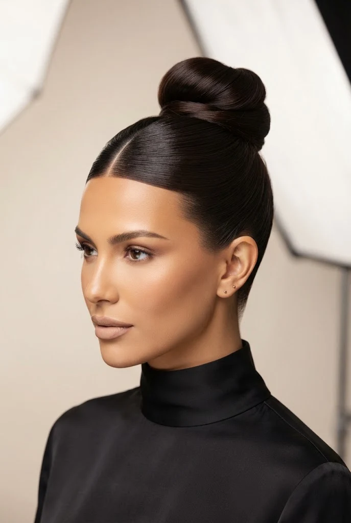 Sleek Top Knot with Middle Part — peinados altos elegantes style outfit