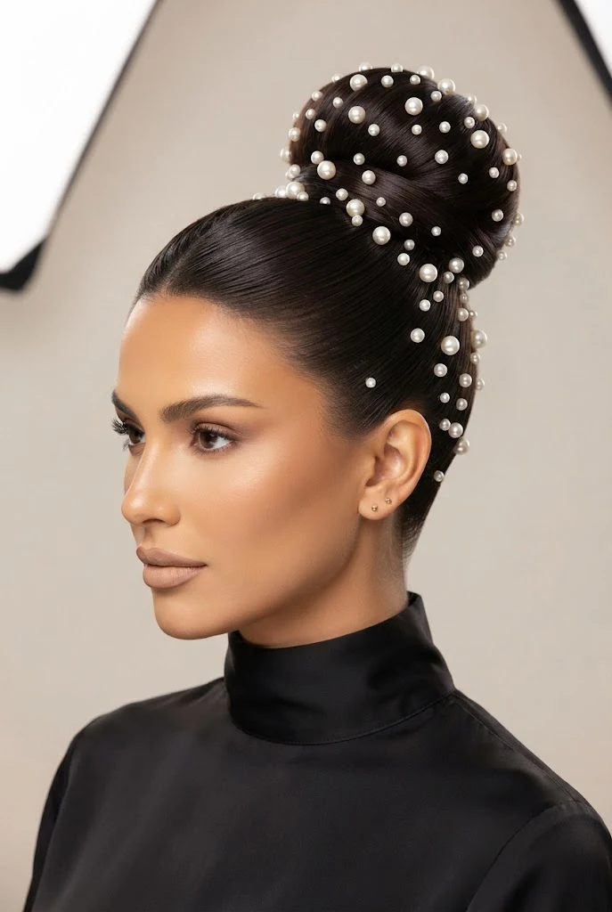 Pearl-Embellished High Ponytail Bun — peinados altos elegantes style outfit