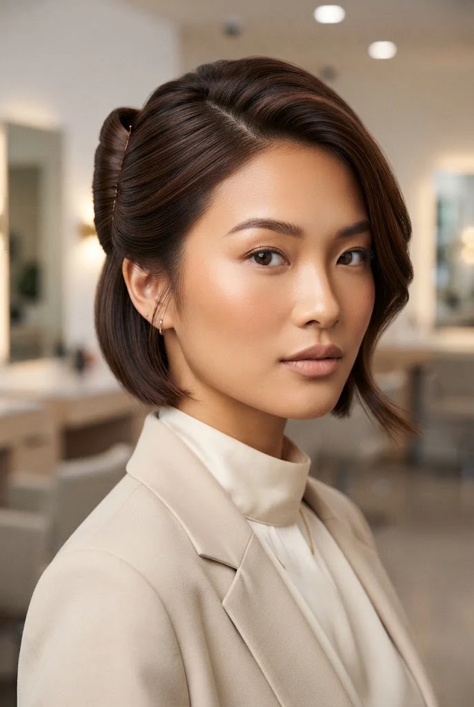 Elegant Side-Swept Pin Updo for Short Cuts â peinados asiaticos cabello corto style outfit