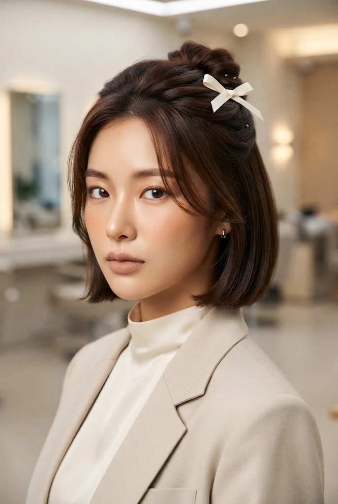 Korean Half-Up Ribbon Bow Twist â peinados asiaticos cabello corto style outfit