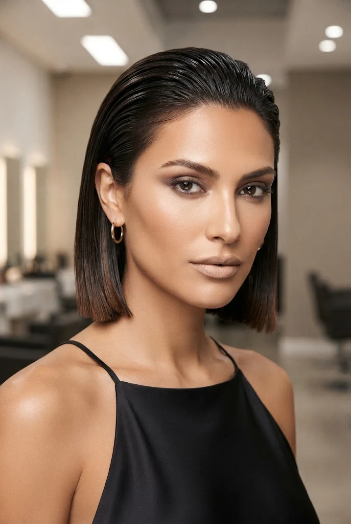 Bold Wet-Look Runway Finish â peinados cabello bob corto style outfit