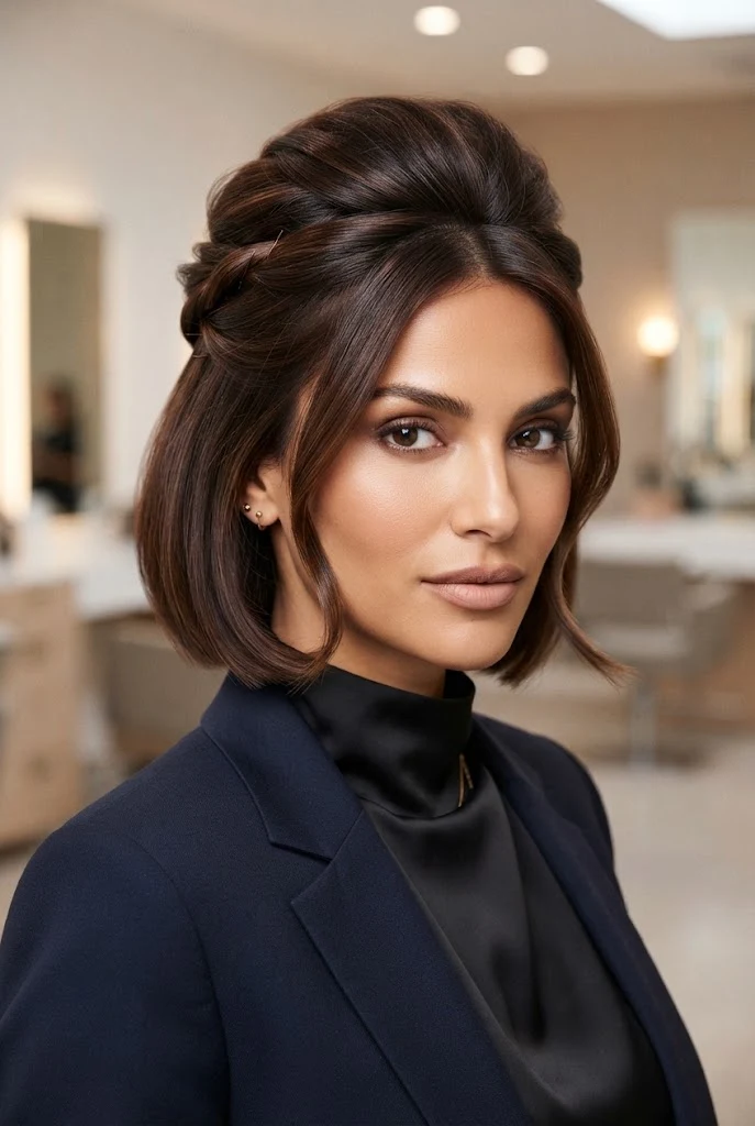 Puffed Crown Half-Up Twist â peinados cabello corto chongo style outfit