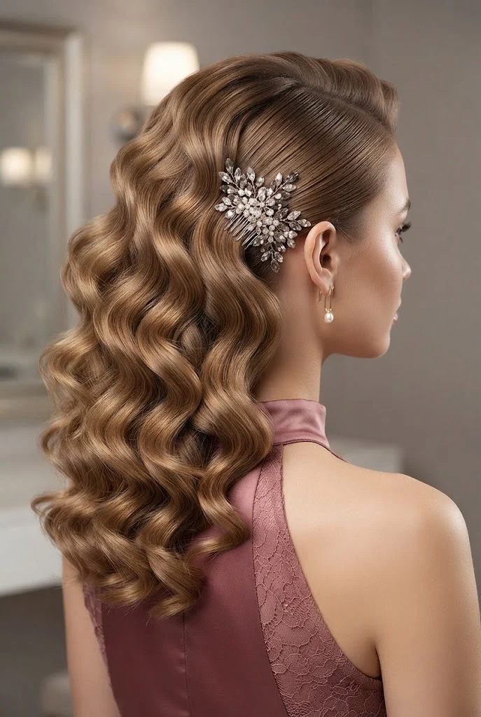 Elegant Side-Pinned Voluminous Curls — peinados cabello corto elegantes fiesta style outfit