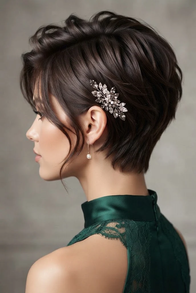 Texturized Pixie with Crystal Side Pin — peinados cabello corto elegantes fiesta style outfit