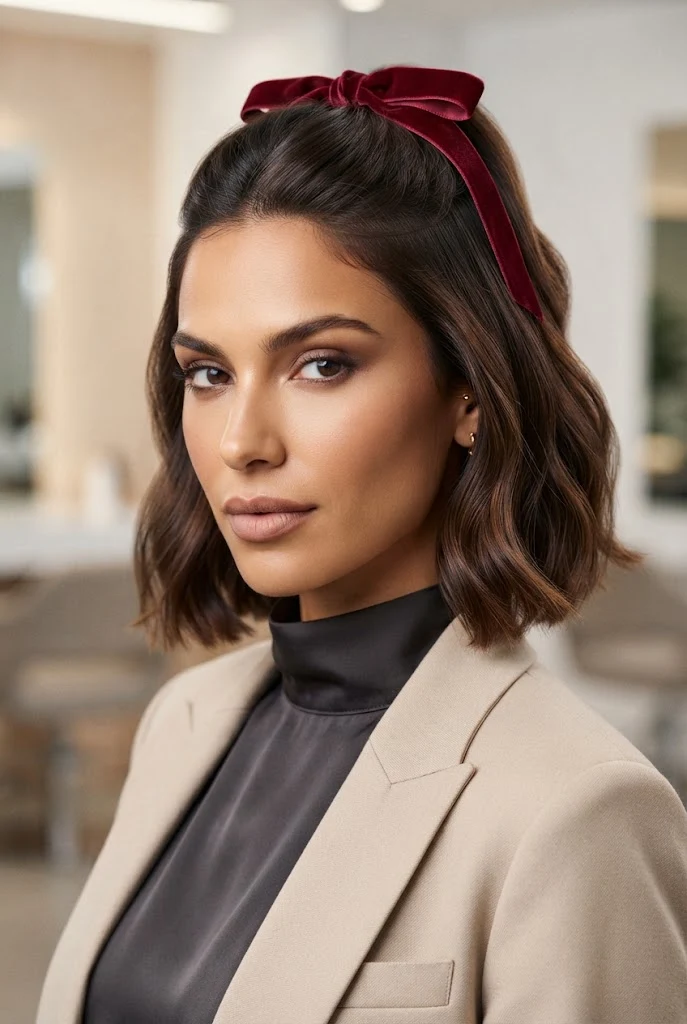 Velvet Bow Half-Up Holiday Bob — peinados cabello corto navidad style outfit