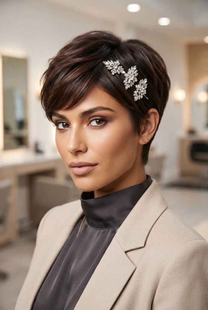 Sparkling Crystal Pin Pixie — peinados cabello corto navidad style outfit