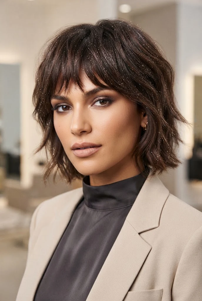 Glitter-Spritzed Textured Shag — peinados cabello corto navidad style outfit