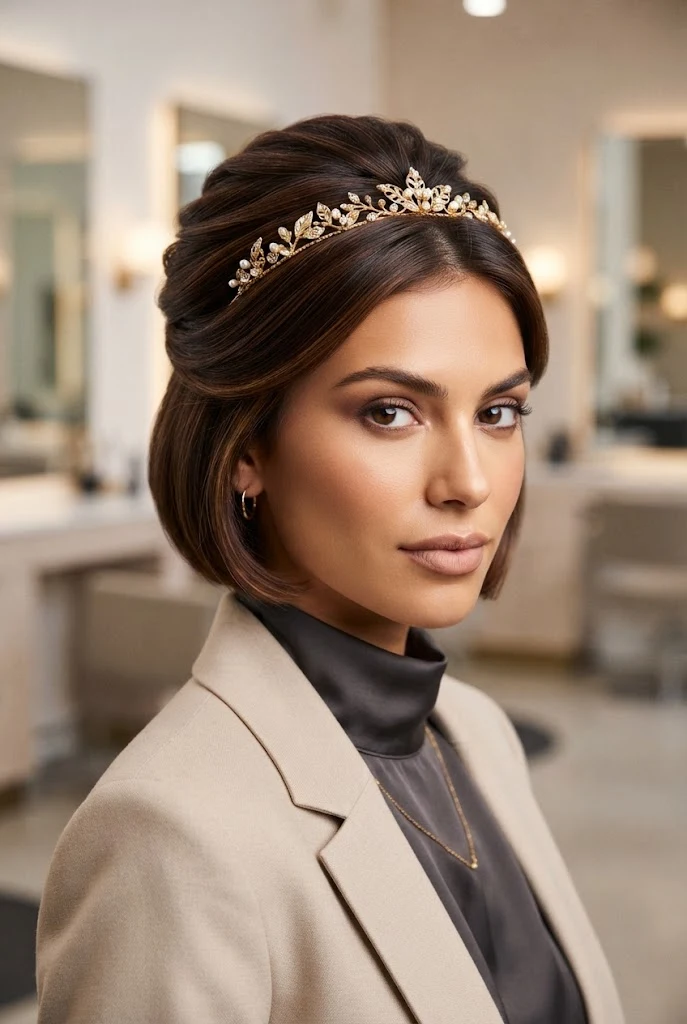 Golden Headband Crown for Short Strands — peinados cabello corto navidad style outfit