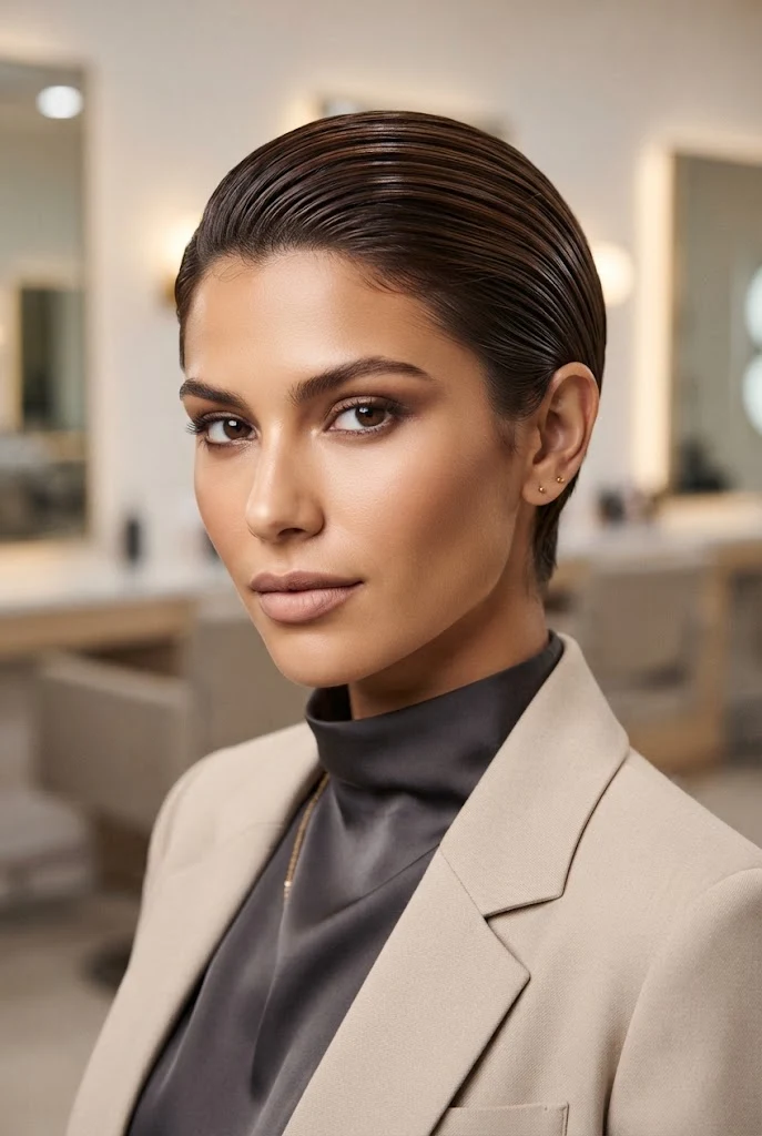 Glossy Wet-Look Holiday Pixie — peinados cabello corto navidad style outfit