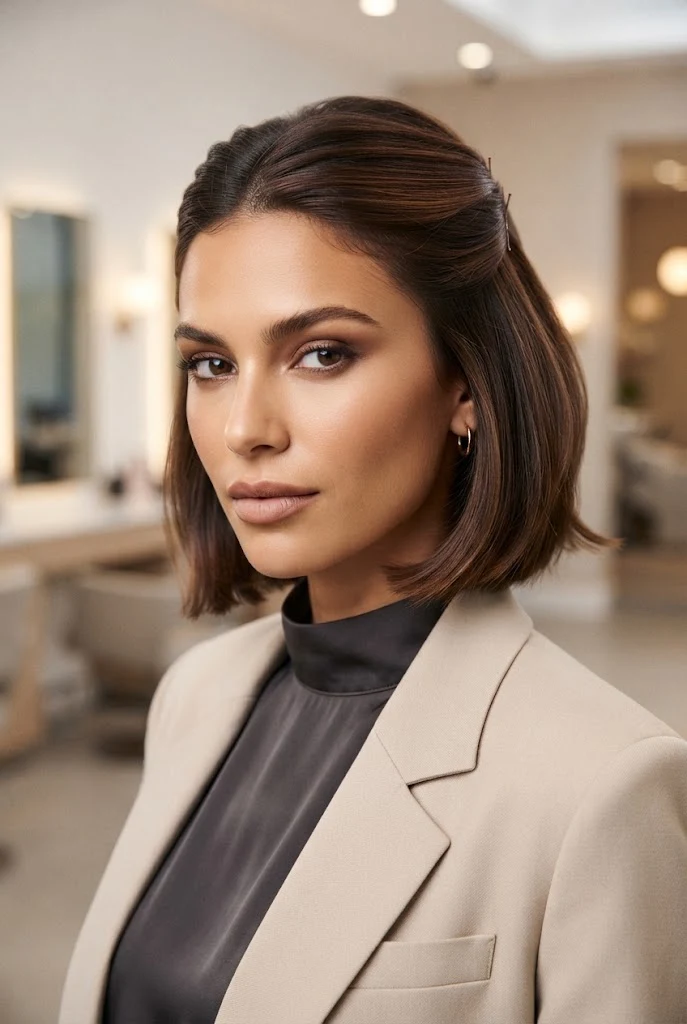 Sleek Pinned-Back Half Updo — peinados cabello corto recogido escuela style outfit