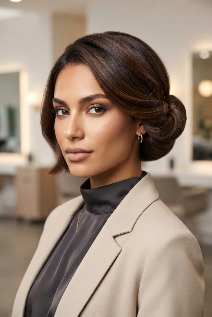 Polished Classroom Roll-Under Updo — peinados cabello corto recogido escuela style outfit