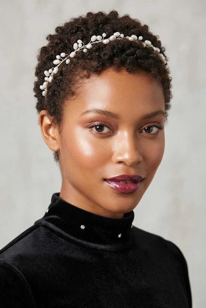 Ultra-Short Crop with Pearl Headband — PEINADOS CABELLO CORTO RIZADO FIESTAS style outfit