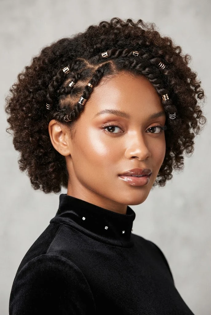 Twisted Side Sweeps with Metallic Hair Cuffs — PEINADOS CABELLO CORTO RIZADO FIESTAS style outfit