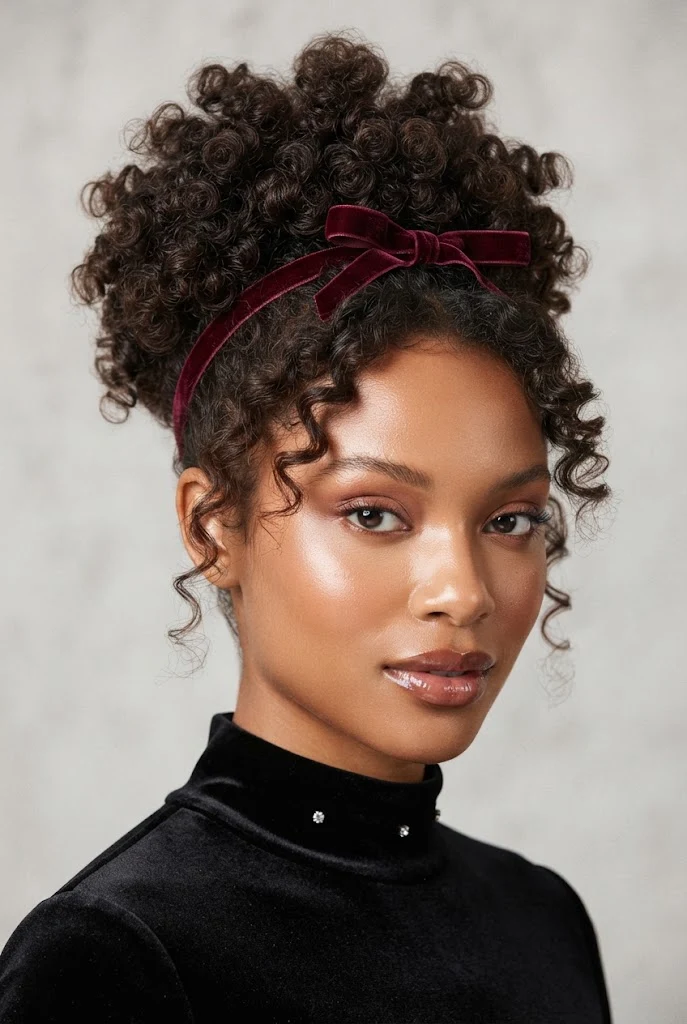 High-Glam Curly Updo with Velvet Ribbon — PEINADOS CABELLO CORTO RIZADO FIESTAS style outfit