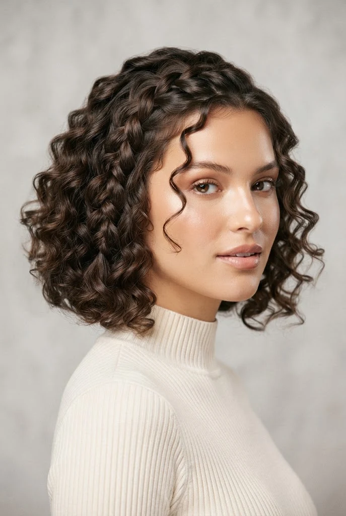 Trenza Cascada Lateral con Melena Corta Ondulada — peinados cabello corto rizado trenza style outfit