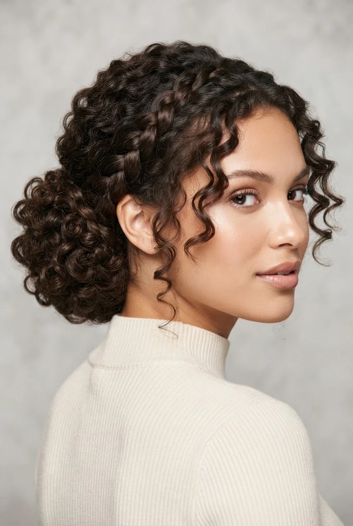 Moño Bajo con Trenza Envuelta para Cabello Rizado — peinados cabello corto rizado trenza style outfit