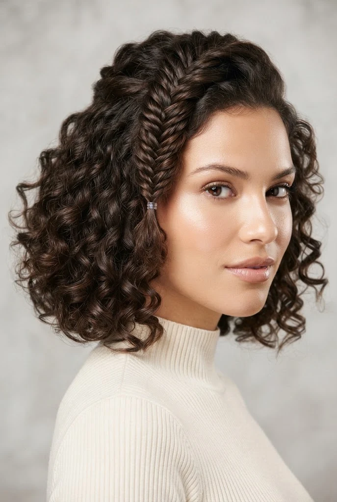 Half-Up con Trenza de Espiga y Rizos Definidos — peinados cabello corto rizado trenza style outfit