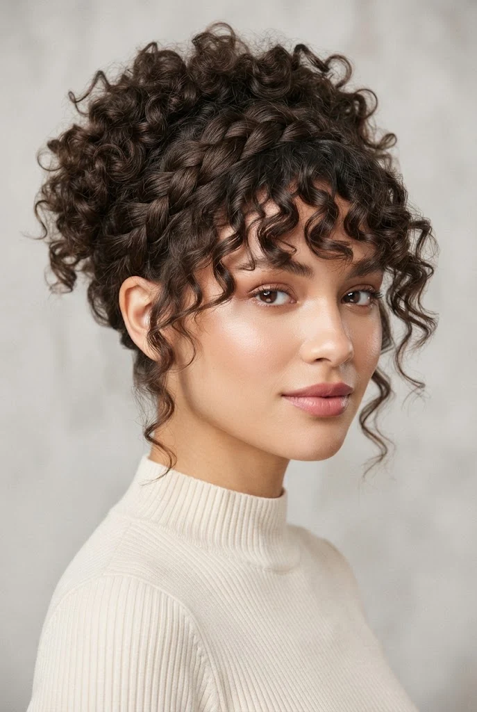 Trenza Diadema Asimétrica con Flequillo Rizado — peinados cabello corto rizado trenza style outfit