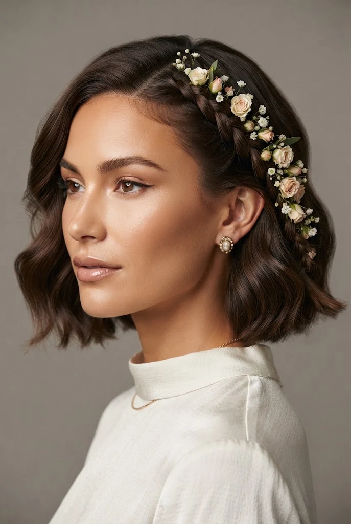 Floral-Pinned Side Dutch Braid — peinados cabello corto trenzas de lado style outfit