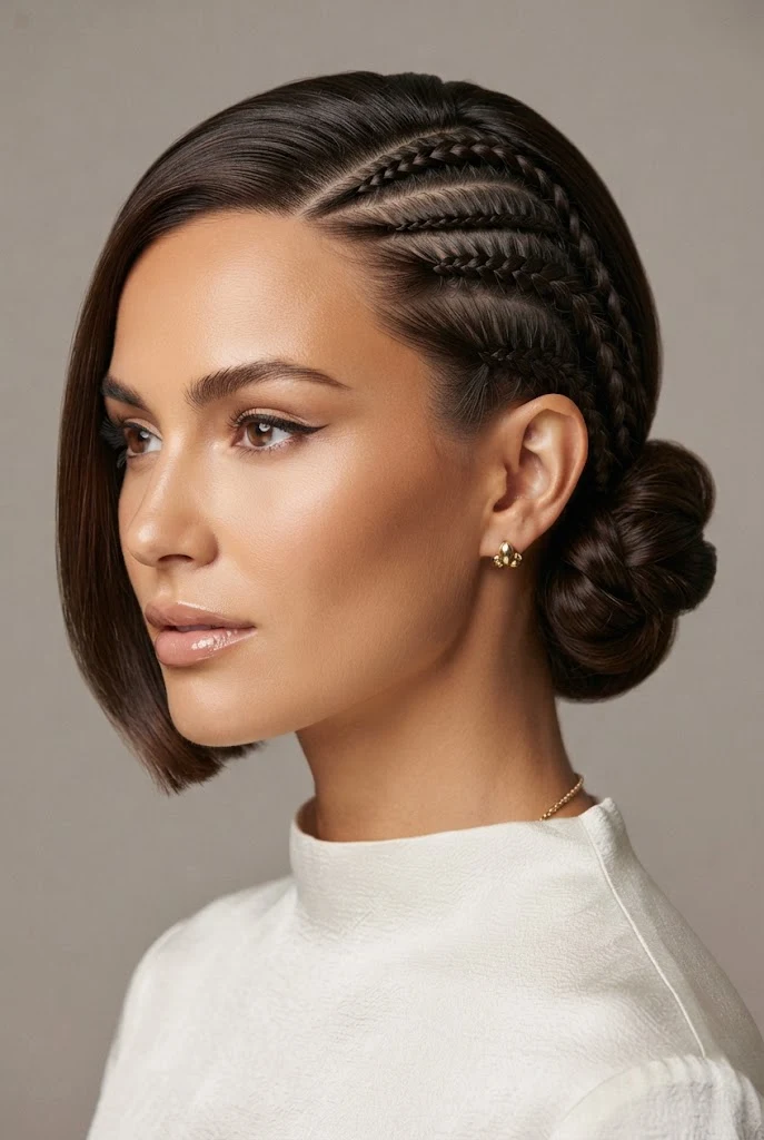 Sleek Side Cornrow into Low Mini Chignon — peinados cabello corto trenzas de lado style outfit
