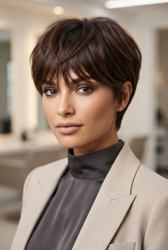 Feathered Fringe Soft Crop — peinados cabello muy corto short hair style outfit
